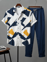 Bold Paint-Stroke Co-ord – Korean Fit Shirt & Solid Blue Pants