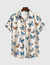 Men's Casual Short Sleeve Button-Up Shirt with Blue & Orange Butterfly Print