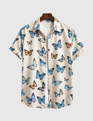 Men's Casual Short Sleeve Button-Up Shirt with Blue & Orange Butterfly Print