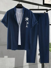 Korean Style Co-ord – Navy Blue Shirt with Palm Tree Print & Relaxed Pants