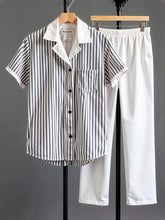 Korean Fit Co-ord Set – Pinstripe Shirt with Clean White Pants