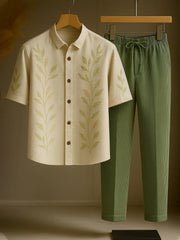 Botanical Co-ord Set – Minimalist Leaf Shirt & Ribbed Olive Trousers