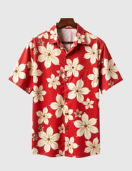 Crimson Tropics Men's Floral Shirt – Bold Red with Cream Blossom Print