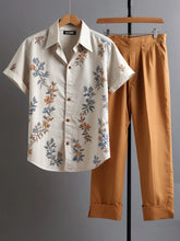 Korean Fit Co-ord – Soft Floral Shirt with Earth-Tone Trousers