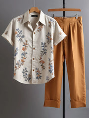 Korean Fit Co-ord – Soft Floral Shirt with Earth-Tone Trousers