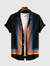 Men's Geometric Stripe Short Sleeve Button-Up Shirt with Inner White Tee – Retro Colorblock Design