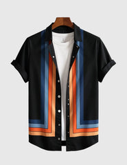 Men's Geometric Stripe Short Sleeve Button-Up Shirt with Inner White Tee – Retro Colorblock Design