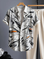 Korean Summer Co-ord – Graphic Brushstroke Shirt with Neutral Trousers