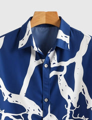 Midnight Branches Shirt – Abstract White Vein Print on Deep Blue Canvas