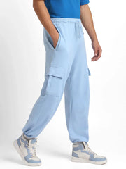 Men’s Korean Aqua Blue Cargo Joggers – Relaxed Fit, Streetwear Style with Multiple Utility Pockets & Adjustable Drawstring Hem