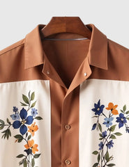 Men's Retro Floral Print Short Sleeve Shirt – Brown & Cream Color Block Design
