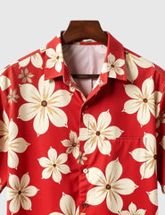 Crimson Tropics Men's Floral Shirt – Bold Red with Cream Blossom Print