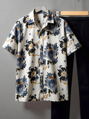 Korean Style Co-ord – Royal Blue & Ochre Floral Print Shirt with Jet Black Trousers