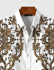 Regal Baroque Bloom Shirt – Golden Ornate Print on Classic White
