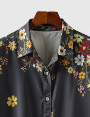 Midnight Bloom Men's Floral Shirt – Black Button-Up with Vibrant Garden Print