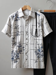 Modern Grid Floral Co-ord – Korean Fit Shirt with Black Pants