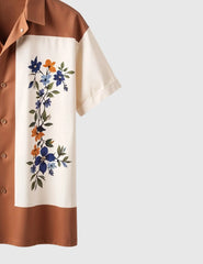 Men's Retro Floral Print Short Sleeve Shirt – Brown & Cream Color Block Design
