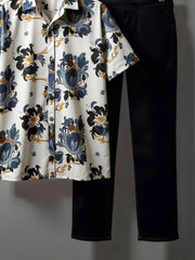 Korean Style Co-ord – Royal Blue & Ochre Floral Print Shirt with Jet Black Trousers
