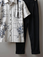 Modern Grid Floral Co-ord – Korean Fit Shirt with Black Pants