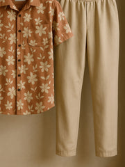 Retro Bloom Co-ord Set – Korean Fit Shirt with Minimal Beige Pants