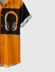 Trendy Orange & Black Short Sleeve Shirt with Music Headset Print – Casual Summer Vibes