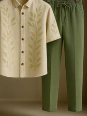 Botanical Co-ord Set – Minimalist Leaf Shirt & Ribbed Olive Trousers