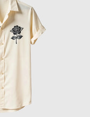 Men's Artistic Face Print Short Sleeve Shirt with Rose Detail – Cream & Black