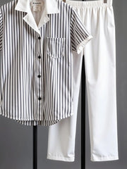 Korean Fit Co-ord Set – Pinstripe Shirt with Clean White Pants