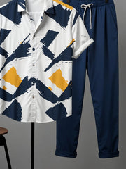 Bold Paint-Stroke Co-ord – Korean Fit Shirt & Solid Blue Pants