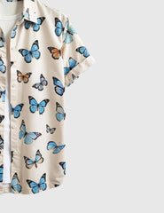 Men's Casual Short Sleeve Button-Up Shirt with Blue & Orange Butterfly Print