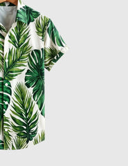 Tropical Breeze Men's Leaf Print Shirt – Green Jungle Vibes on White