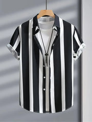 Korean Fit Cords – Bold Striped Shirt Paired with Classic Black Pants