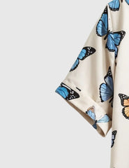 Men's Casual Short Sleeve Button-Up Shirt with Blue & Orange Butterfly Print