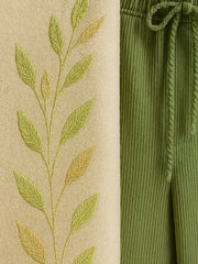 Botanical Co-ord Set – Minimalist Leaf Shirt & Ribbed Olive Trousers