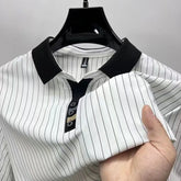 Modern Pinstripe Polo T-Shirt Contrast Collar & Button Placket – Sophisticated Casualwear for Men