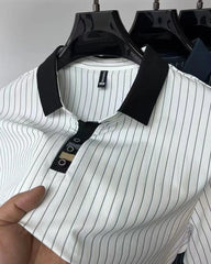 Modern Pinstripe Polo T-Shirt Contrast Collar & Button Placket – Sophisticated Casualwear for Men