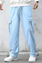 Men’s Korean Aqua Blue Cargo Joggers – Relaxed Fit, Streetwear Style with Multiple Utility Pockets & Adjustable Drawstring Hem