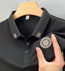 Luxury Polo T-Shirt with Black Greek Collar & Embroidered Tiger Crest – Statement Style for Modern Men