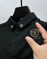 Italian-Inspired White Polo T-Shirt Greek Key Collar & Embossed 'V' Crest Badge