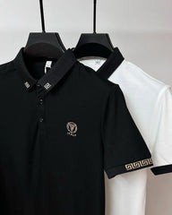 Italian-Inspired White Polo T-Shirt Greek Key Collar & Embossed 'V' Crest Badge