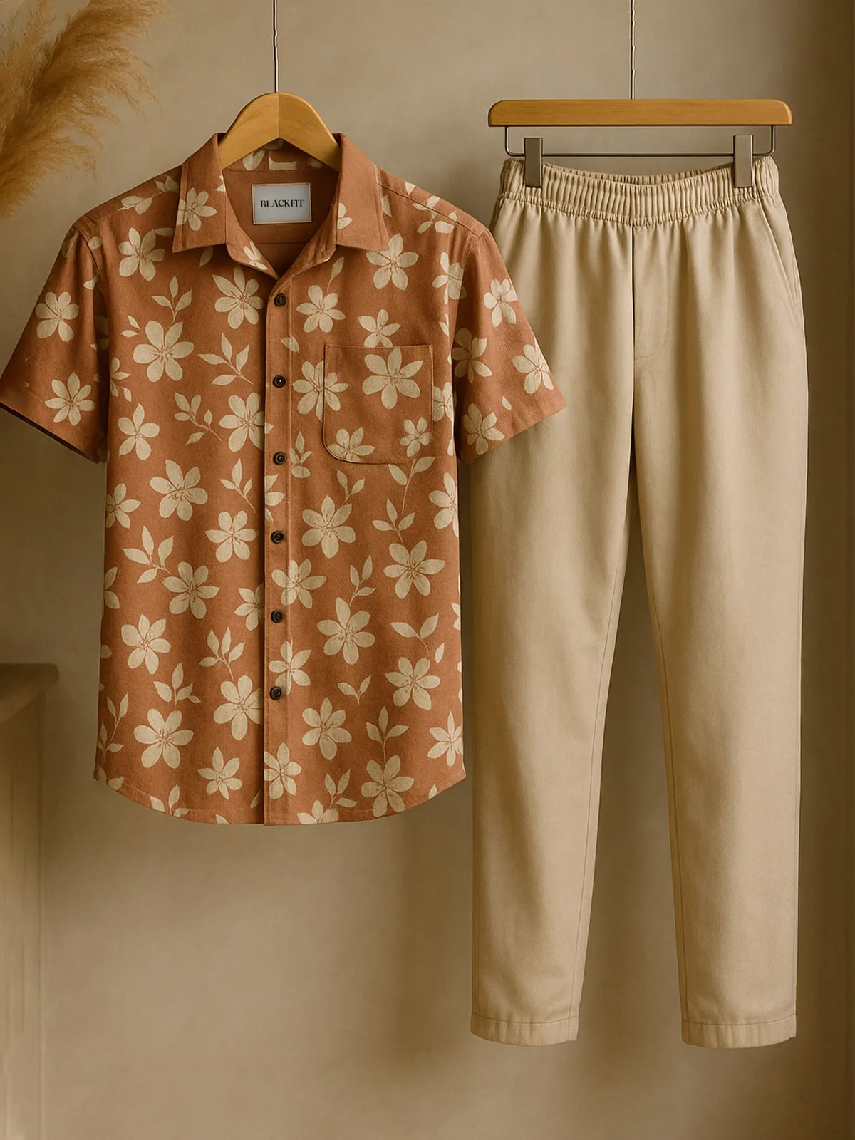 Retro Bloom Co-ord Set – Korean Fit Shirt with Minimal Beige Pants