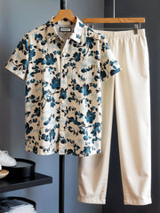 Classy Teal Bloom Co-ord – Korean Fit Floral Shirt & Neutral Bottoms