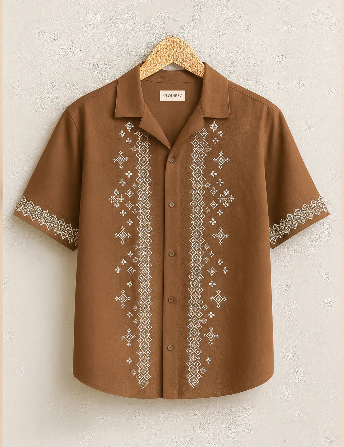 Tribal Lines Brown Embroidery Print Half Sleeve Shirt GenZ Edition