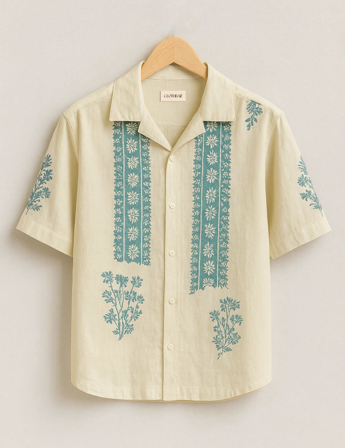 Ivory Base Blue Embroidery Pattern Print Half Sleeve Shirt GenZ Edition