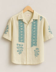 Ivory Base Blue Embroidery Pattern Print Half Sleeve Shirt GenZ Edition