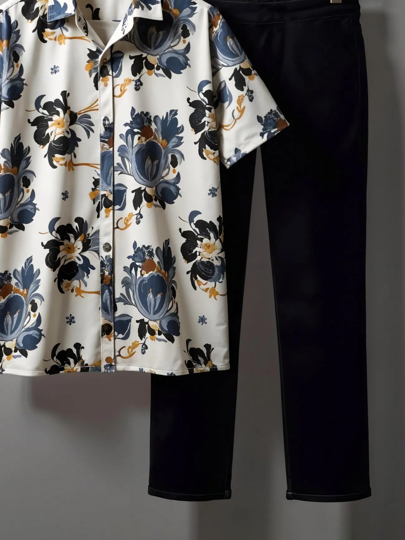 Korean Style Co-ord – Royal Blue & Ochre Floral Print Shirt with Jet Black Trousers