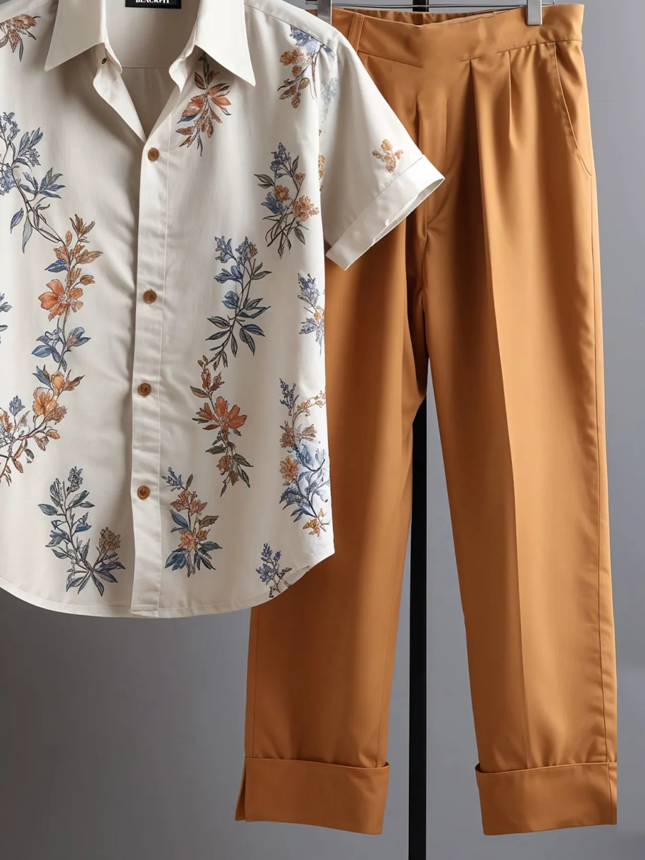 Korean Fit Co-ord – Soft Floral Shirt with Earth-Tone Trousers