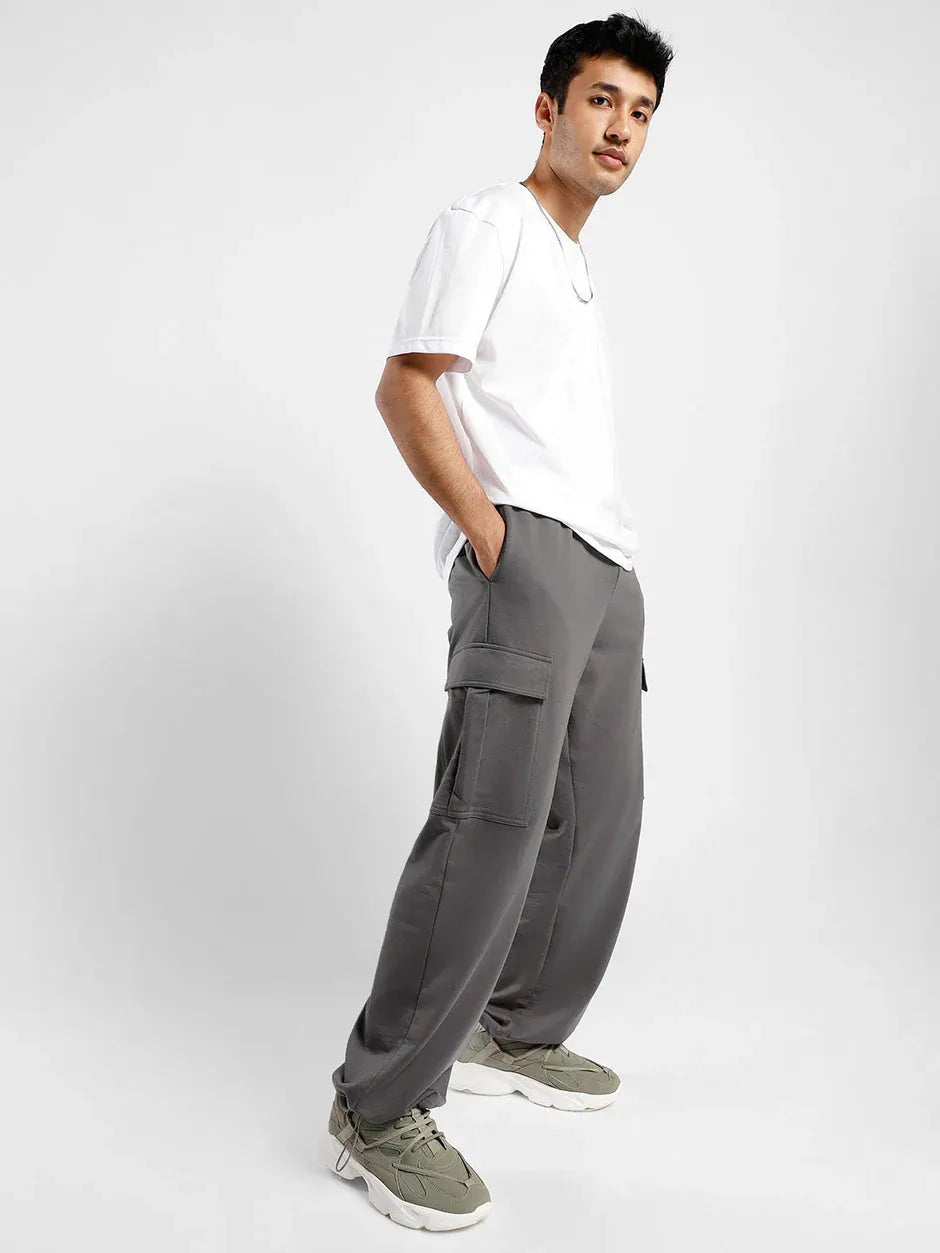 Men’s Korean Dark Grey Cargo Joggers – Relaxed Fit, Streetwear Style with Multiple Utility Pockets & Adjustable Drawstring Hem