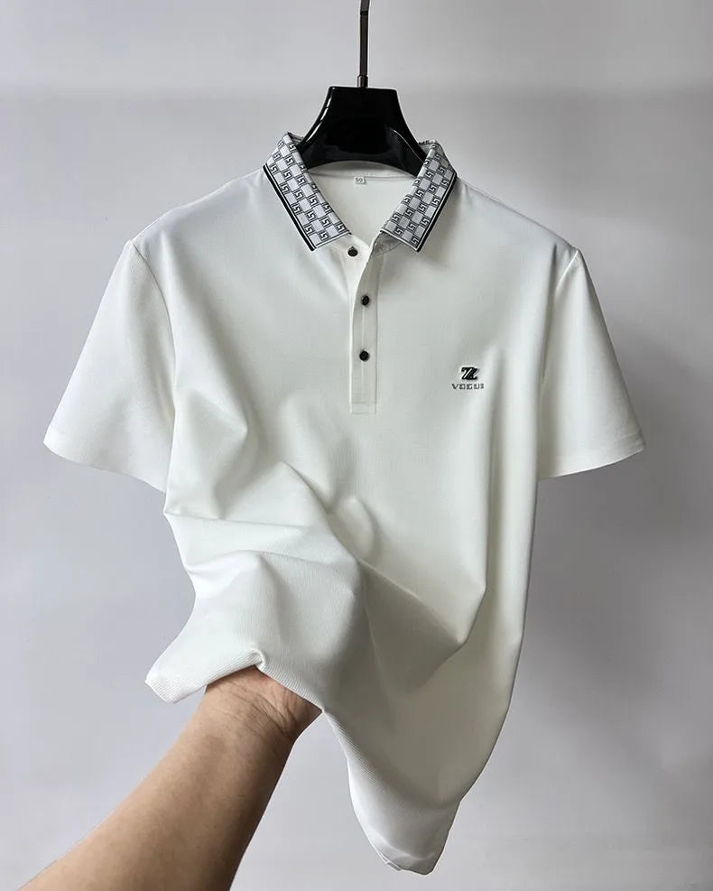 Designer Polo T-Shirt with Signature Pattern Collar & Z Club Metal Logo Badge