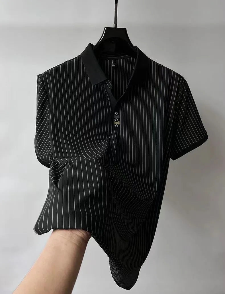 Modern Pinstripe Polo T-Shirt Contrast Collar & Button Placket – Sophisticated Casualwear for Men